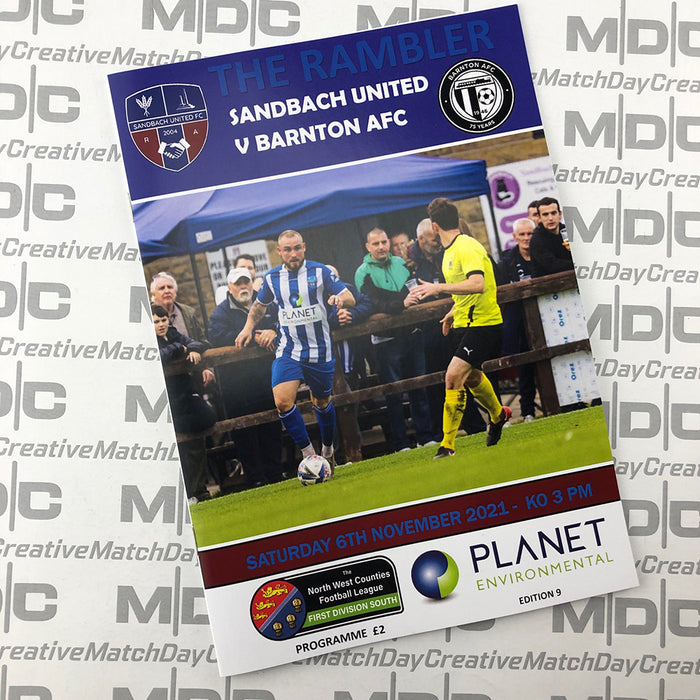 2021/22 #09 Sandbach United v Barnton AFC NWCFL 06.11.21 Programme