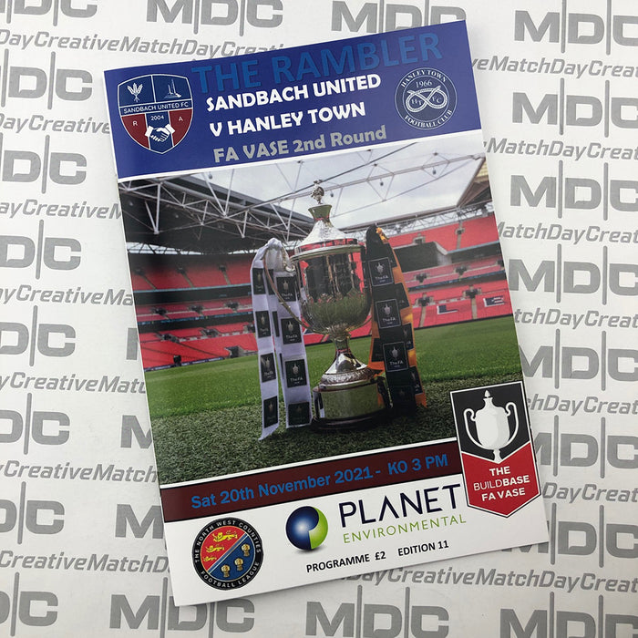 2021/22 #11 Sandbach United v Hanley Town FA Vase 20.11.21 Programme