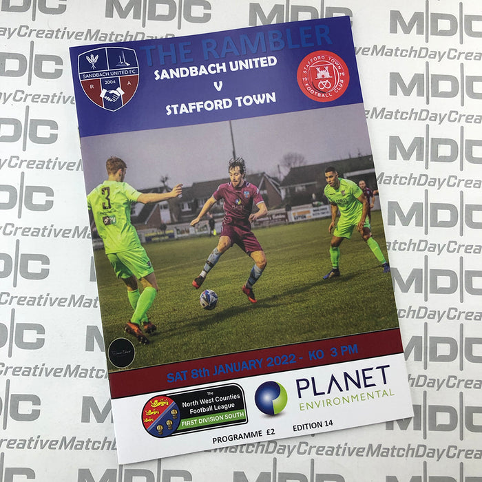 2021/22 #14 Sandbach United v Stafford Town NWCFL 08.01.22 Programme