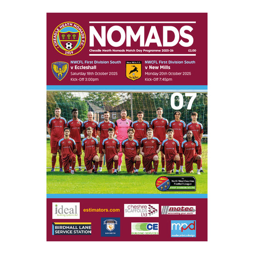 2025/26 #07 Cheadle Heath Nomads v Eccleshall NWCFL 18.10.25 and v New Mills 20.10.25 NWCFL Printed Programme
