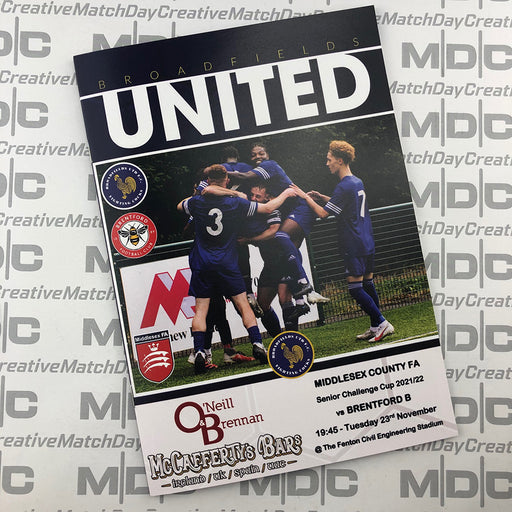 2021/22 #13 Broadfields United v Brentford B Middlesex County FA Senior Challenge Cup 23.11.21 Programme