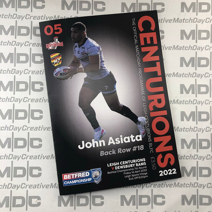 2022 #05 Leigh Centurions v Dewsbury Rams 01.04.22 Betfred Championship Rugby League Printed Programme