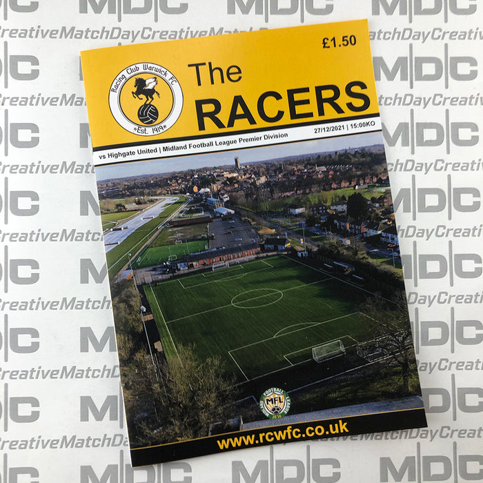 2021/22 #01 Racing Club Warwick v Highgate United Midland Football League Premier Division 27.12.21 Programme